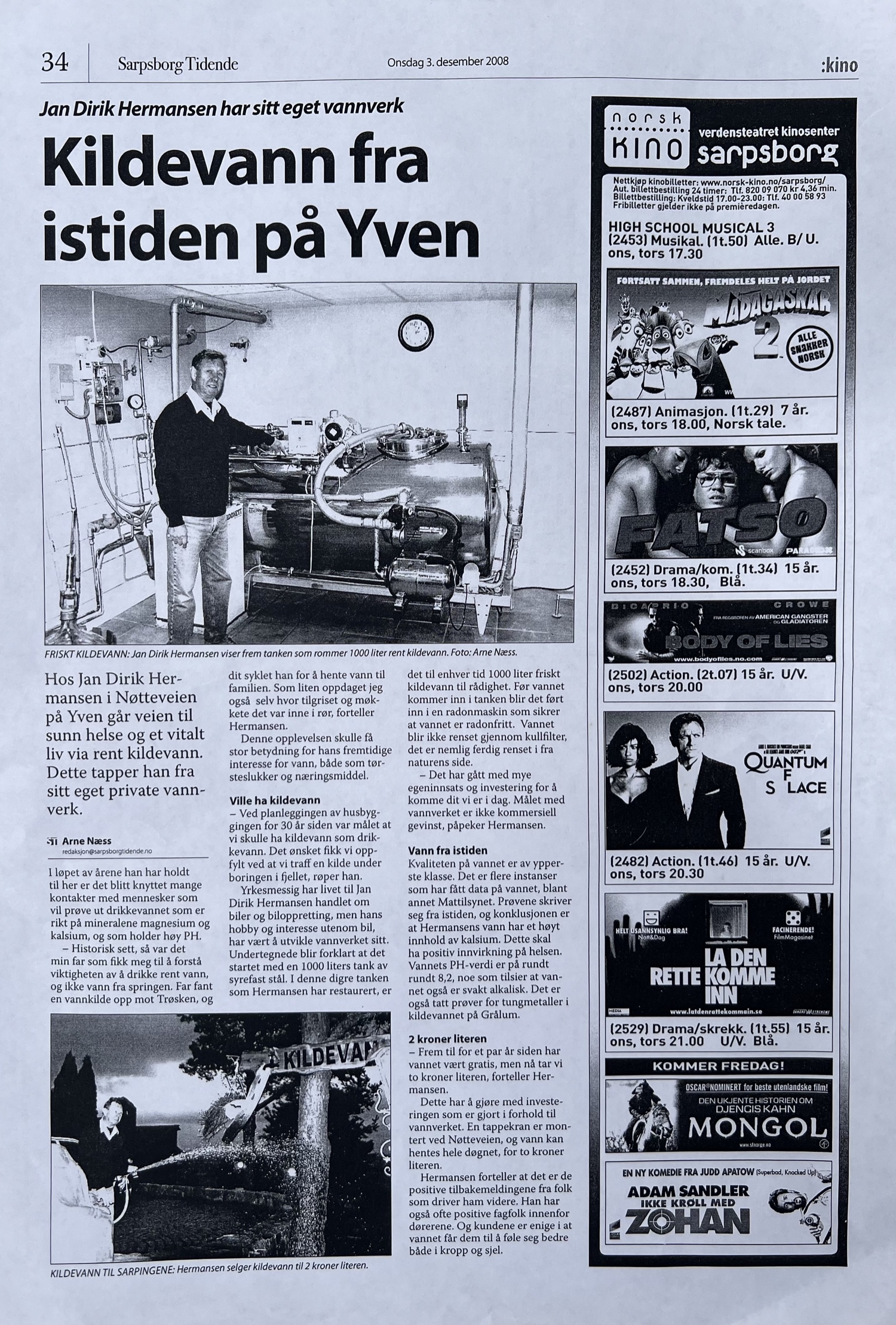 Avisutklipp fra Sarpsborg Tidende med overskriften Kildevann fra istiden på Yven